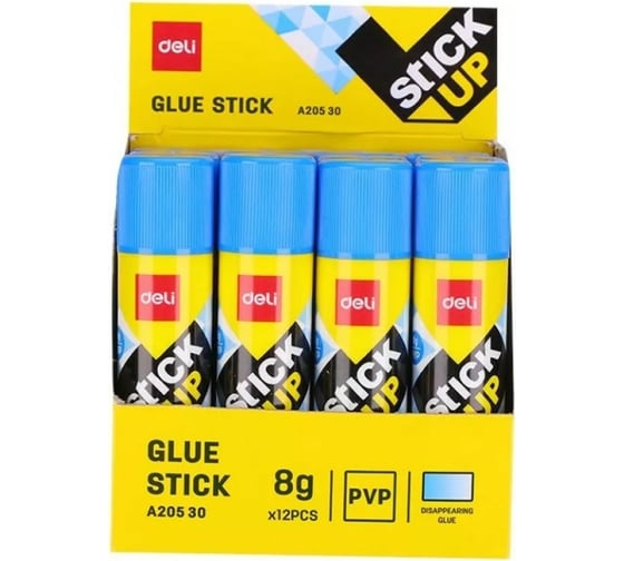 Клей-карандаш DELI Stick UP EA20530 8 г желтый/синий корпус ПВП дисплей картонный цветной исчезающий цвет, 12 шт 1082413