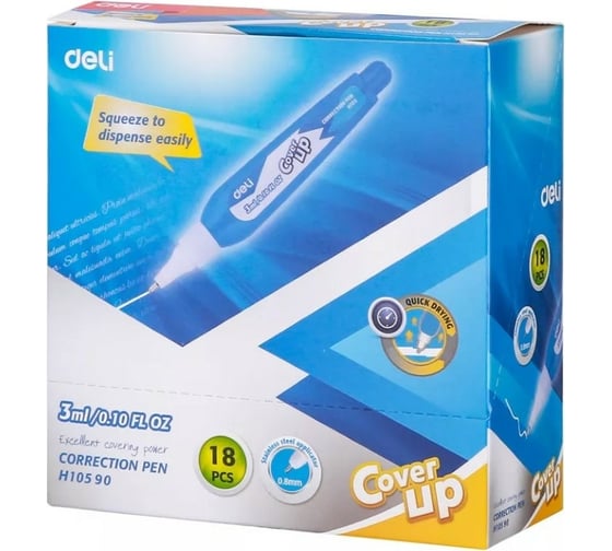 Ручка-корректор DELI EH10590 голубой корпус белый 3 мл дисплей картонный, 18 шт 1205004