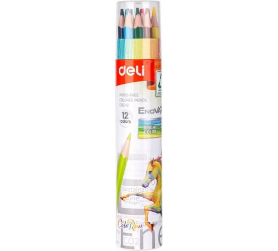 Цветные карандаши DELI Enovation EC112-12 трехгранные пластик 12 цветов картонный тубус, 24 упак 1504242 1