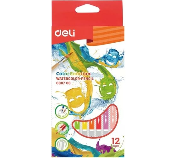 Цветные карандаши DELI Color Emotion EC00700 акварельные липа 12 цветов коробка/европодвес 1028844