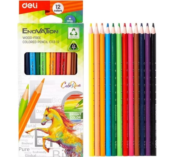 Цветные карандаши DELI Enovation EC113-12 трехгранные пластик 12 цветов коробка/европодвес 12 шт, 24 упак 1504246