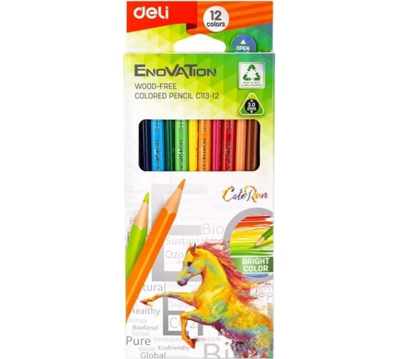 Цветные карандаши DELI Enovation EC113-12 трехгранные пластик 12 цветов коробка/европодвес 12 шт, 24 упак 1504246