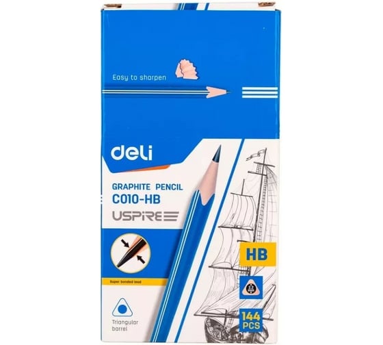 Чернографитный карандаш DELI Uspire EC010-HB HB трехгранный тополь синий картонная коробка 144 шт ластик 1482528