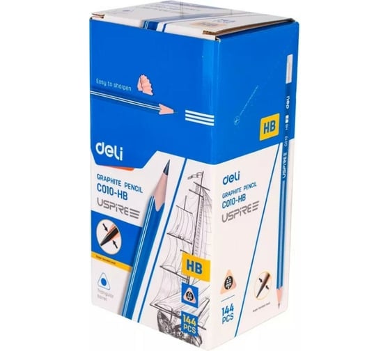 Чернографитный карандаш DELI Uspire EC010-HB HB трехгранный тополь синий картонная коробка 144 шт ластик 1482528