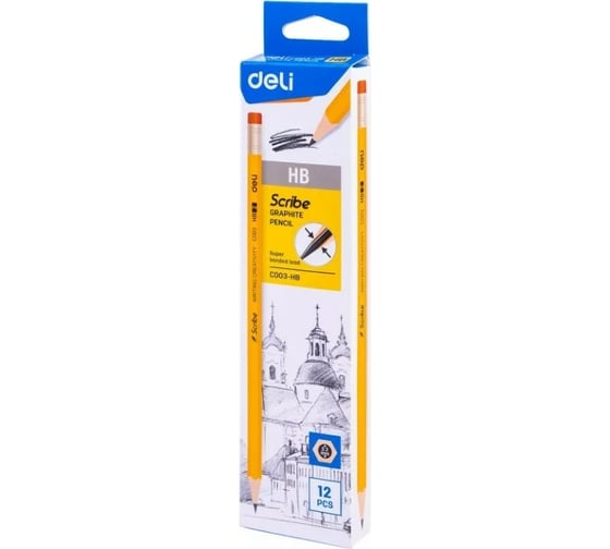 Чернографитный карандаш DELI Scribe EC003-HB HB шестигранный тополь желтый картонная коробка 12 шт ластик, 6 упак 1482535
