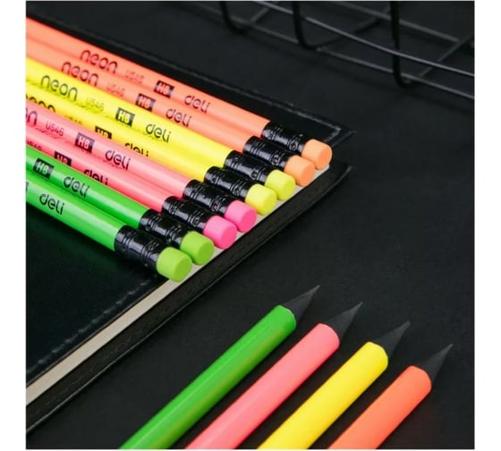 Чернографитный карандаш DELI Neon EU54600-1 HB трехгранный пластик коробка 1 шт ластик, 12 шт 1205071