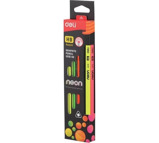 Чернографитный карандаш DELI Neon EU51600 HB трехгранный тополь картонная коробка 12 шт ластик, 12 упак 1049415