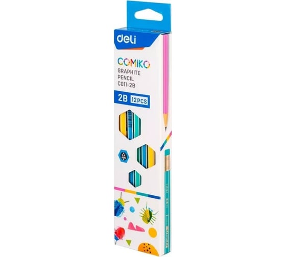 Чернографитный карандаш DELI Comiko EC011-2B 2B шестигранный липа коробка европодвес 12 шт ластик, 12 упак 1480853 1