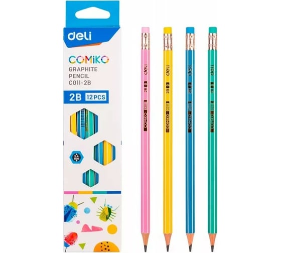 Чернографитный карандаш DELI Comiko EC011-2B 2B шестигранный липа коробка европодвес 12 шт ластик, 12 упак 1480853