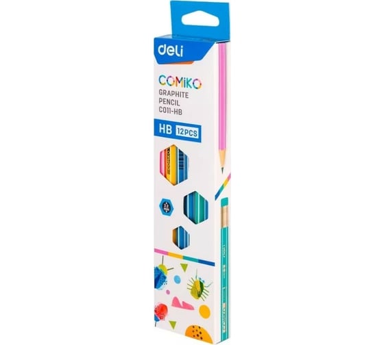 Чернографитный карандаш DELI Comiko EC011-HB HB шестигранный липа коробка европодвес 12 шт ластик, 12 упак 1480851 1