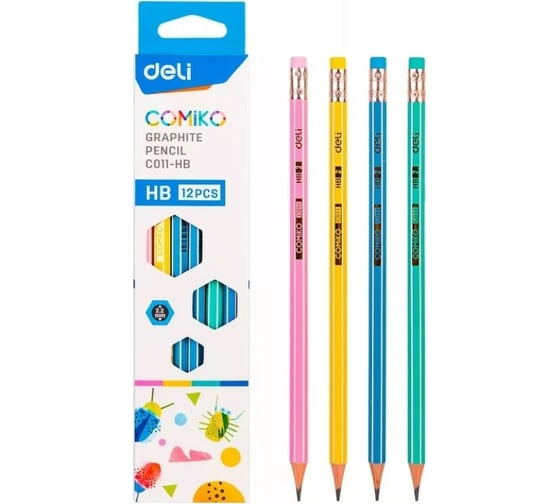 Чернографитный карандаш DELI Comiko EC011-HB HB шестигранный липа коробка европодвес 12 шт ластик, 12 упак 1480851