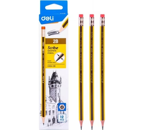 Чернографитный карандаш DELI Scribe EC004-2B 2B шестигранный тополь картонная коробка 12 шт ластик, 12 упак 1482559