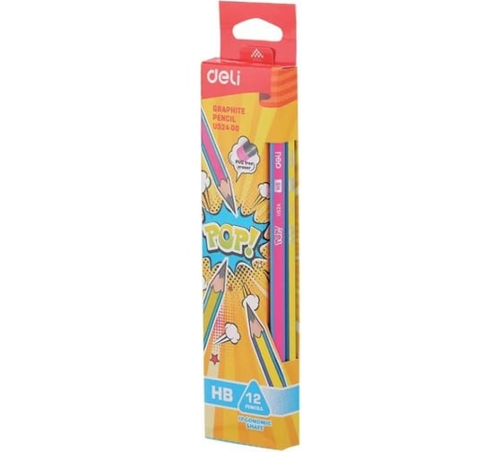 Чернографитный карандаш DELI POP EU52400 HB шестигранный тополь коробка европодвес 12 шт ластик, 12 упак 1049398