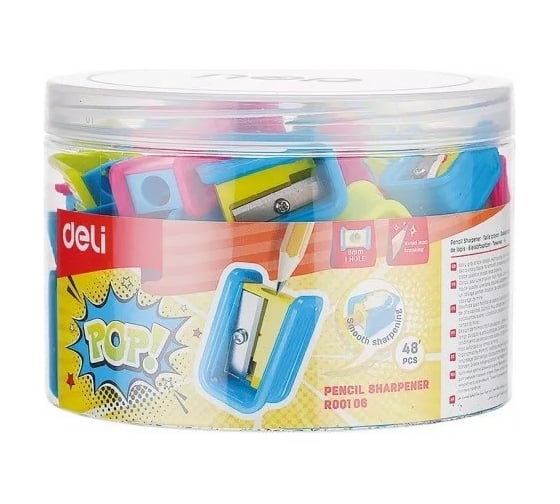 Ручная точилка для карандашей DELI PoP ER00106 1 отверстие пластик ассорти туба, 48 шт 1049394
