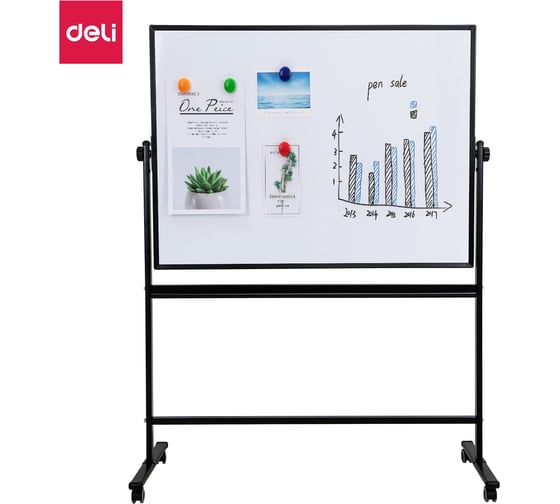 Магнитно-маркерная доска DELI лак белый 90x120 см алюминиевая рама сталь на роликах двусторонняя E7882 1