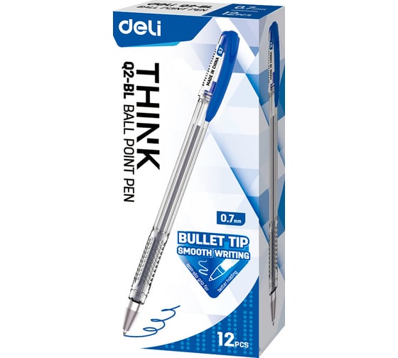 Шариковая ручка DELI Think EQ2-BL прозрачный/синий корпус диаметр 0.7 мм синие чернила, 12 шт 1549625