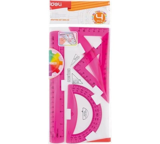 Набор линеек DELI Pioneer EG00402 пластик длина 20 см ассорти флуорисцентный комплект линейка 20 см, треугольник 2 шт, 30 упак 1028969