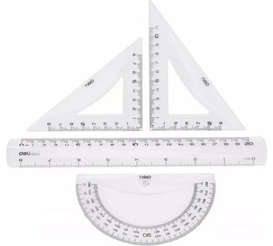 Набор линеек DELI Pioneer EG00412 пластик прозрачный комплект линейка 20 см, треугольник 2 шт, транспортир, 30 упак 475561