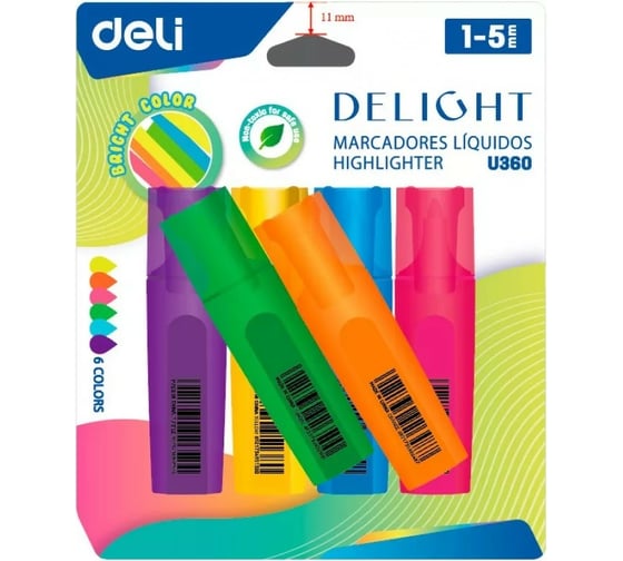 Набор текстовыделителей DELI CU360 скошенный пишущий наконечник 1-5 мм 6 цветов ассорти блистер 6 шт, 12 упак 1485987 1