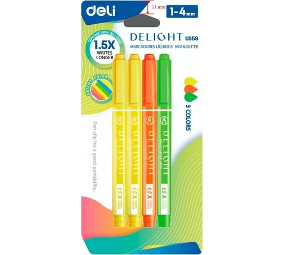 Набор текстовыделителей DELI CU358 скошенный пишущий наконечник 1-5 мм 3 цвета ассорти блистер, 12 упак 1485988 1