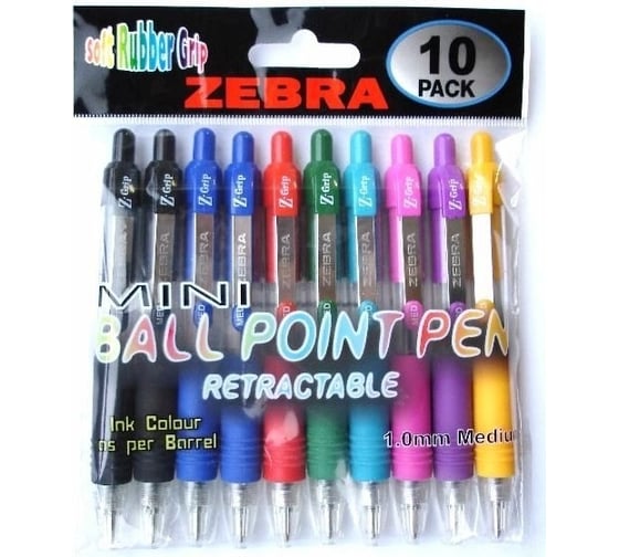 Набор шариков ручек ZEBRA MINI Z-GRIP автоматическая, d 1 мм, 10 шт, сменный стержень, резиновая манжета, 8 цветов 829256 1