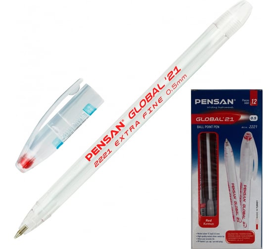 Шариковая ручка Pensan Global 2221-3RED корпус прозрачный, d 0.5 мм, чернила красные, 1 стержень, линия 0.4 мм, 12 шт в упаковке 1481906