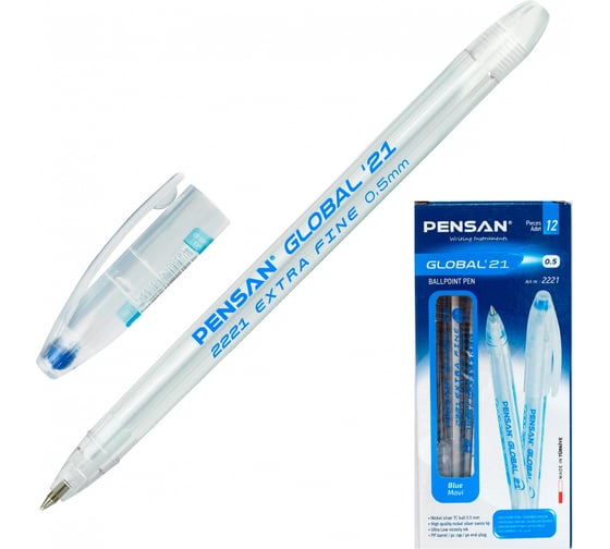 Шариковая ручка Pensan Global 2221-1BLUE корпус прозрачный, d 0.5 мм, чернила синие, 1 стержень, линия 0.4 мм, 12 шт 1481920