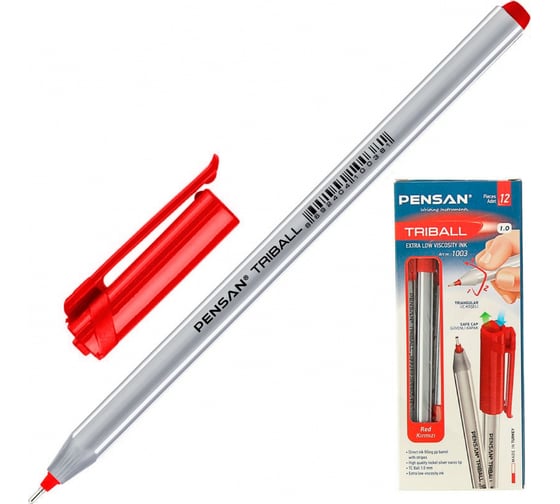 Шариковая ручка Pensan Triball корпус серебристый/красный, d 1 мм, чернила красные, коробка картонная, 1 стержень, 12 шт в упаковке 1481875 1