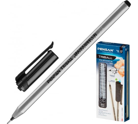 Шариковая ручка Pensan Triball 1003BLACK корпус серебристый/черный, d 1 мм, чернила черные, 1 стержень, 12 шт в упаковке 1481870