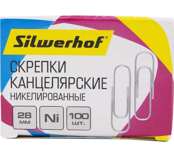 Скрепки Silwerhof 194041 никель, 28 мм, упаковка 100 шт, картонная коробка, 10 шт в упаковке 1206563