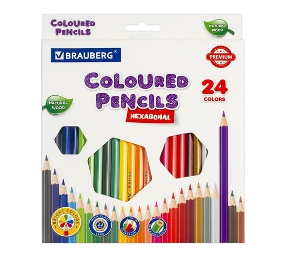 Цветные карандаши BRAUBERG PREMIUM 24 цвета, шестигранные, грифель мягкий 3.3 мм 181658