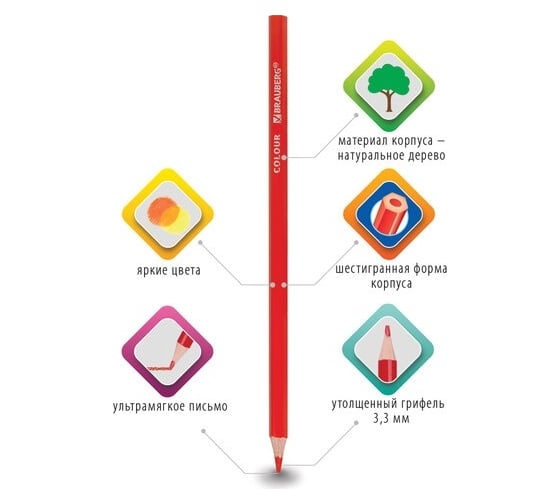 Цветные карандаши BRAUBERG PREMIUM 24 цвета, шестигранные, грифель мягкий 3.3 мм 181658