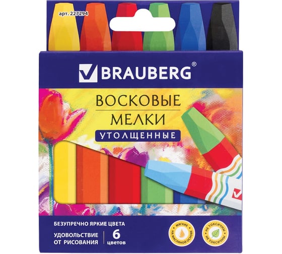 Утолщенные восковые мелки BRAUBERG АКАДЕМИЯ НАБОР 6 цветов, на масляной основе, яркие цвета 227294 1