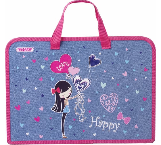 Папка ПИФАГОР Happy girl с ручками А4, 1 отделение, пластик, молния сверху, 40 мм 270329