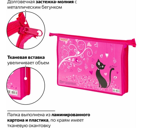 Папка для тетрадей ПИФАГОР BLACK CAT А4, 1 отделение, картон, молния сверху 229103
