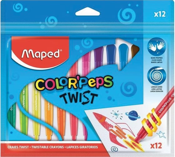 Восковые мелки MAPED Color'peps Twist Франция 12 цветов, выкручивающиеся, в пластиковом корпусе 228768