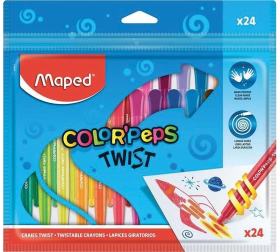 Восковые мелки MAPED Color'peps Twist Франция 24 цвета, выкручивающиеся, в пластиковом корпусе 228769