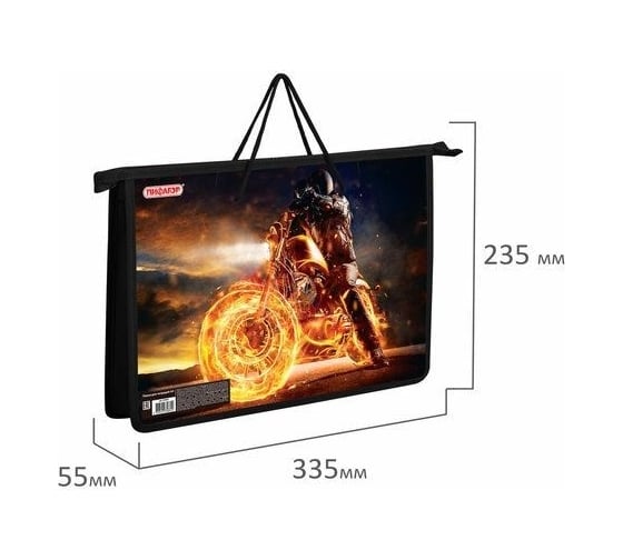 Папка на молнии Пифагор Fire moto с ручками, А4, 1 отделение, пластик, ручки-шнурок 270865