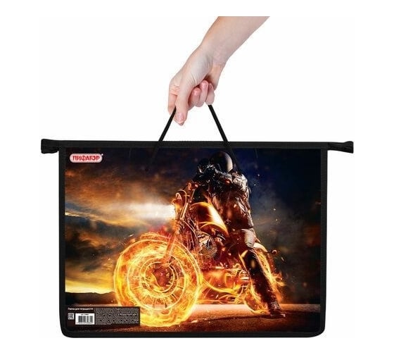 Папка на молнии Пифагор Fire moto с ручками, А4, 1 отделение, пластик, ручки-шнурок 270865