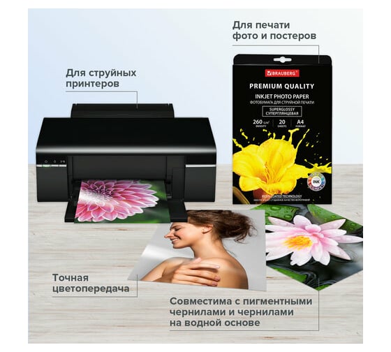 Фотобумага BRAUBERG PREMIUM суперглянцевая, А4, 260 г/м2, односторонняя, 20 листов 364004