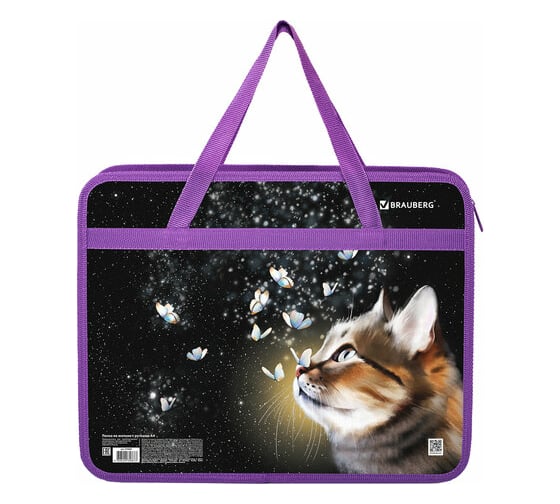 Папка на молнии с ручками BRAUBERG А4, 1 отделение, пластик, 80 мм, Dream cat 270868