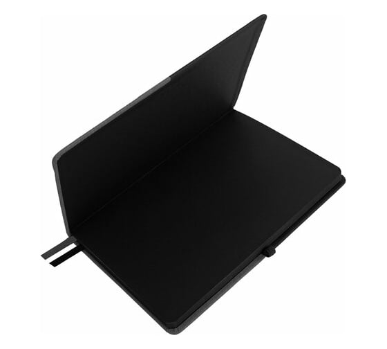 Блокнот BRAUBERG А5, 148x218мм, DUO, под кожу, с резинкой, 80л, клетка, черный/серый 113433