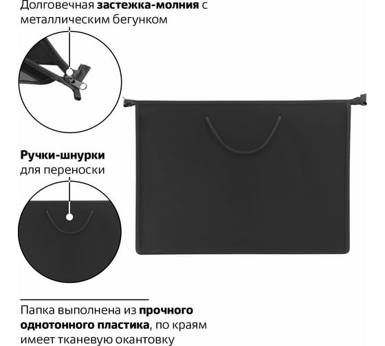 Папка для рисунков и чертежей ПИФАГОР А3, ручки-шнурок, пластик, молния сверху, черная 228230