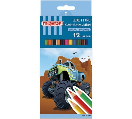 Цветные карандаши Пифагор ДЖИП, 12 цв., пластиковые, классические заточенные, 181342