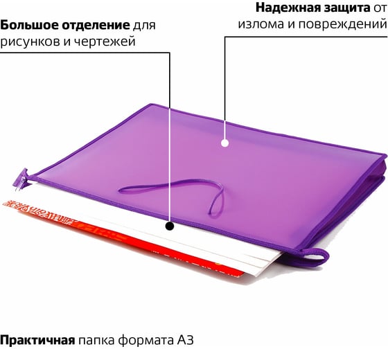 Папка для рисунков и чертежей ПИФАГОР А3, ручки-шнурок, пластик, молния сверху, фиолетовая 228231