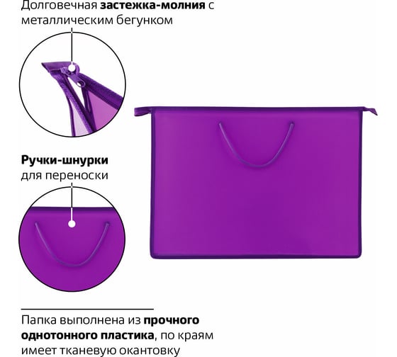 Папка для рисунков и чертежей ПИФАГОР А3, ручки-шнурок, пластик, молния сверху, фиолетовая 228231