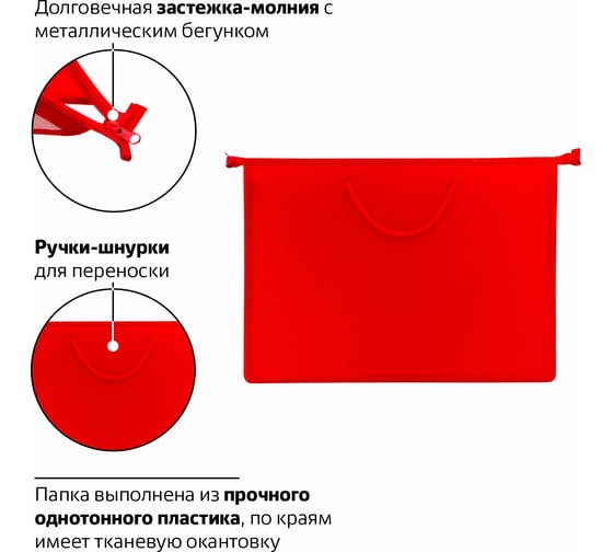Папка для рисунков и чертежей ПИФАГОР А3, ручки-шнурок, пластик, молния сверху, красная 228228
