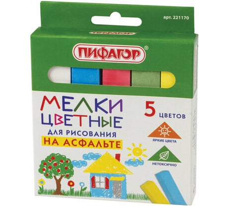 Цветной мел для рисования на асфальте ПИФАГОР набор 5 шт, квадратный 221170