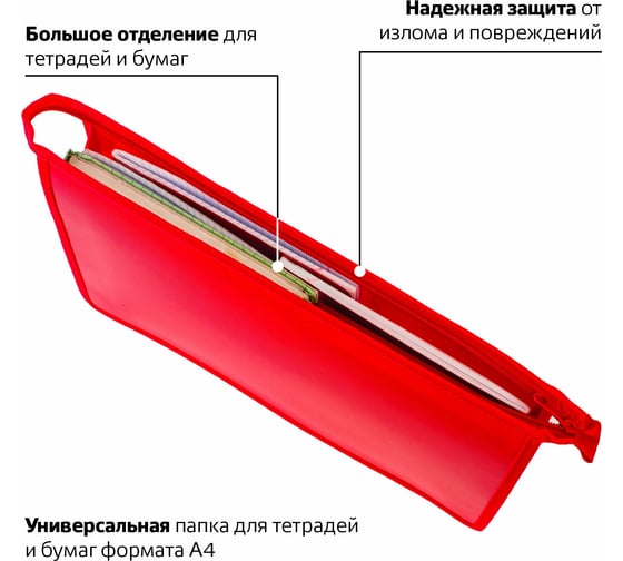 Папка для тетрадей ПИФАГОР А4 пластик, молния сверху, один тон, красная 228211