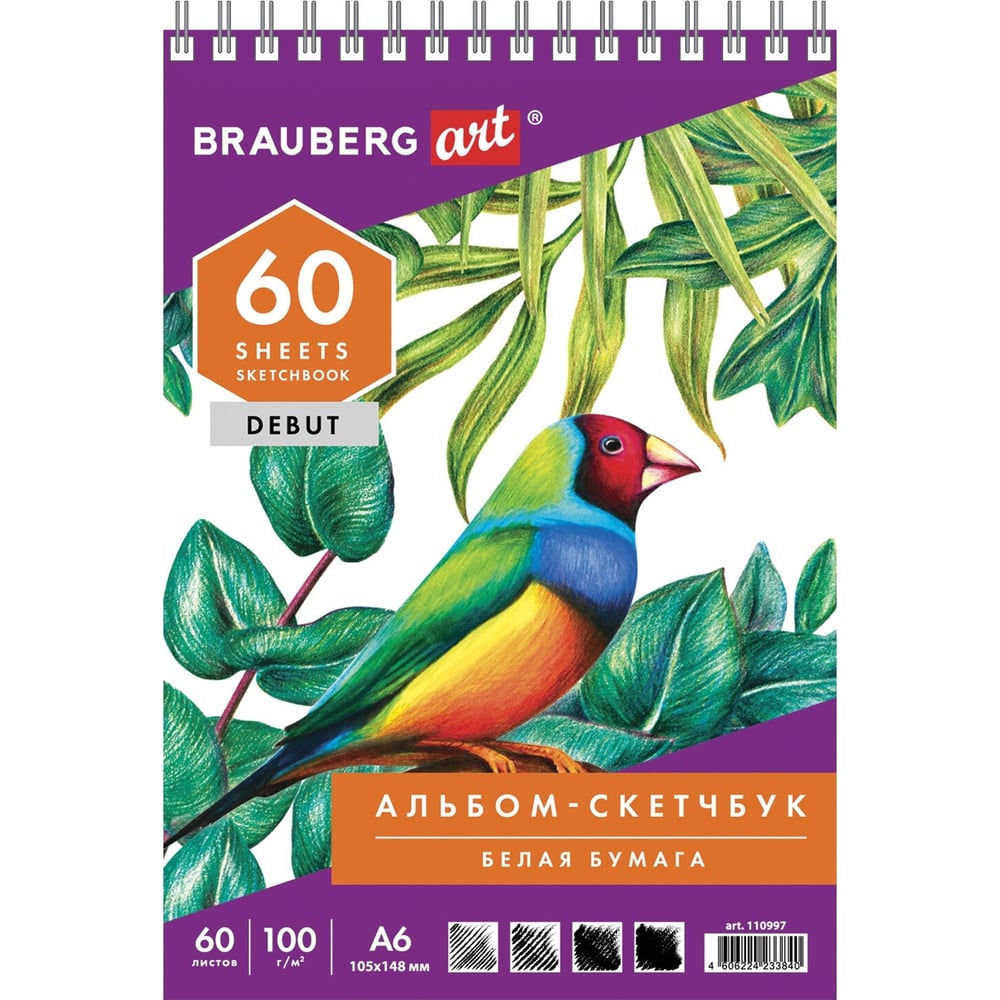 Скетчбук BRAUBERG ART DEBUT белая бумага, 100г/м2, 105х148 мм, 60 л ...